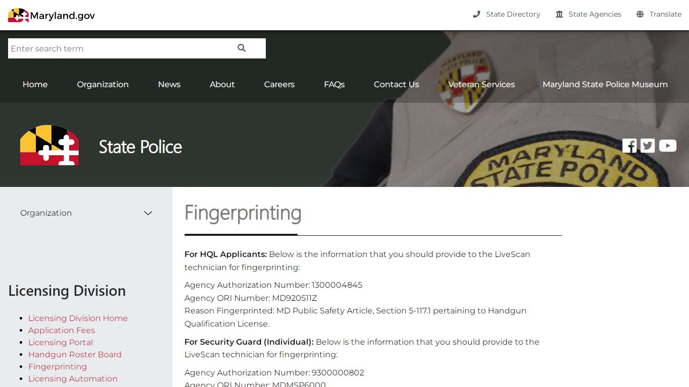 Fingerprinting - Maryland State Police